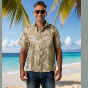 Haggar Tropical Short Sleeve Linen Blend Resort Shirt Size M